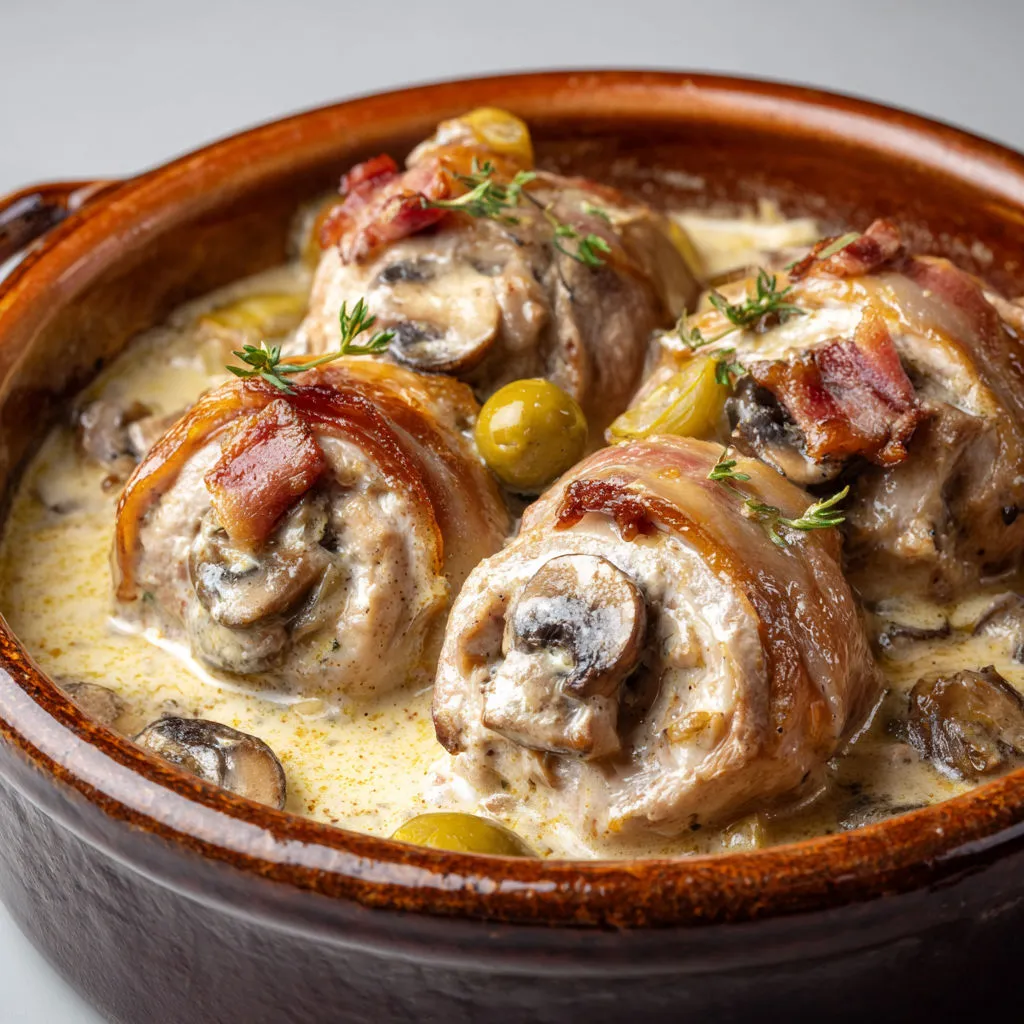 Une assiette de paupiettes de veau au vin blanc et champignons, servies dans un bol en céramique.