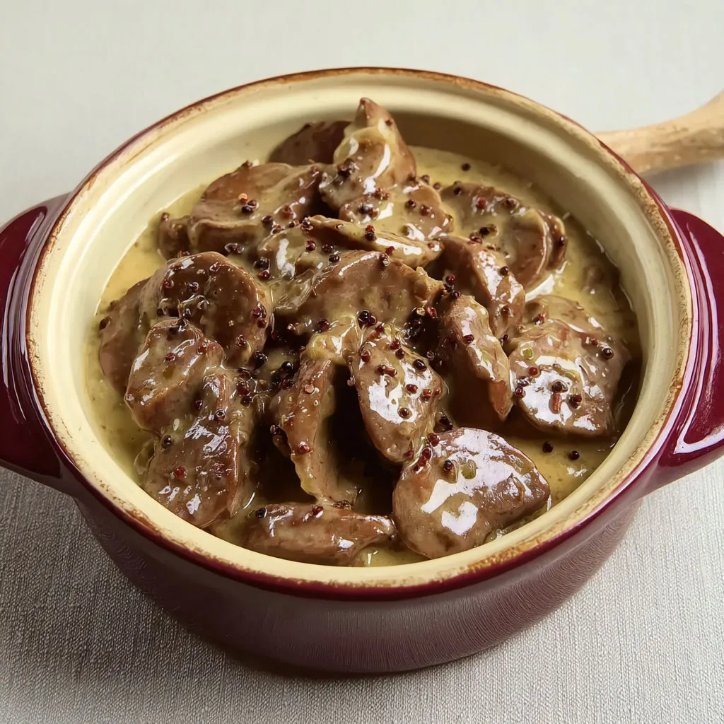 Rognons de veau poêlés nappés de sauce vin blanc moutarde bien crémeuse.