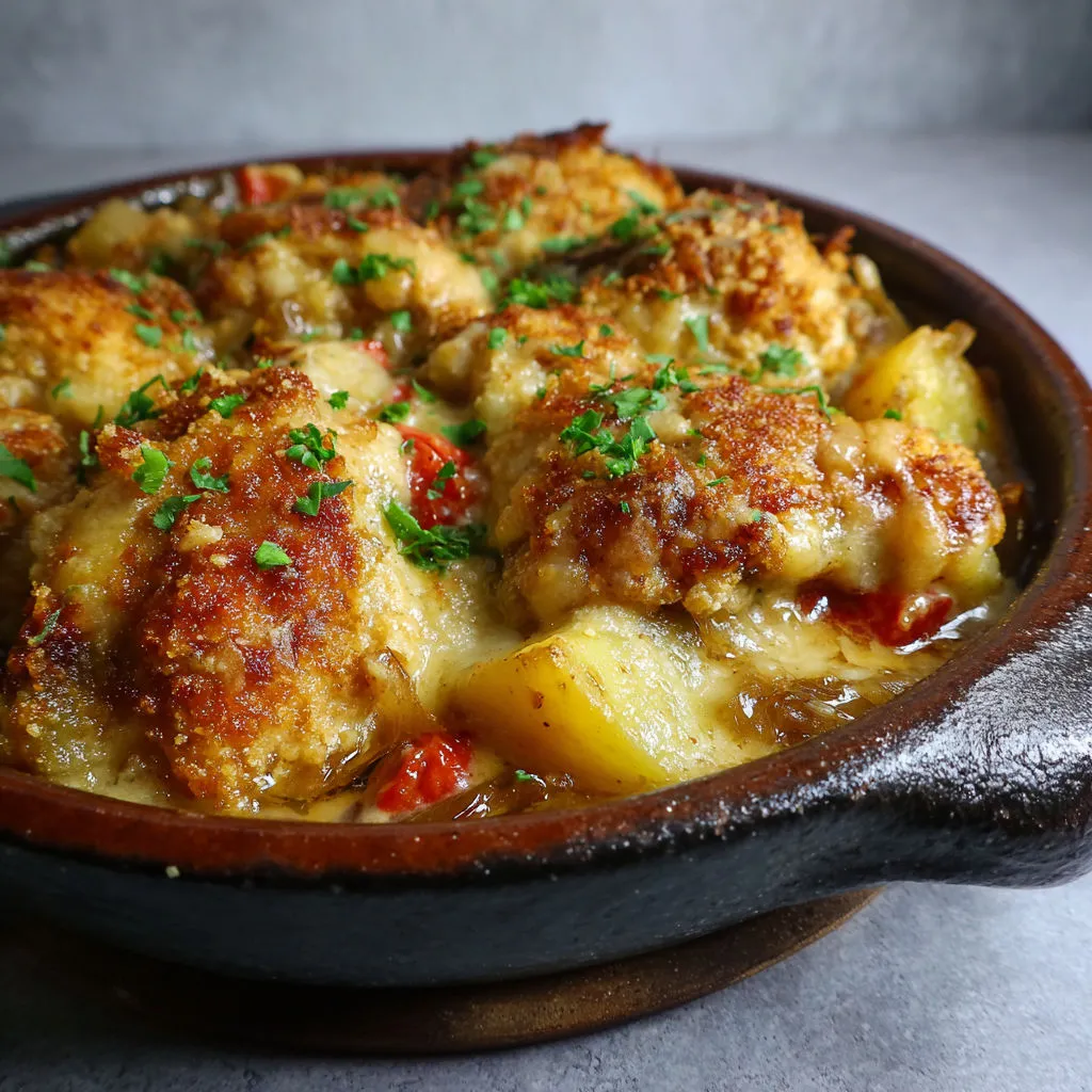 Volaille gratinée à la moutarde et chapelure servie avec une sauce épicée comme au bistrot.