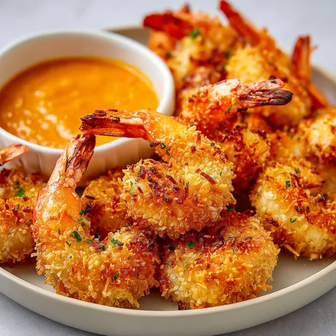 Assiette de crevettes panées coco dorées au Airfryer.