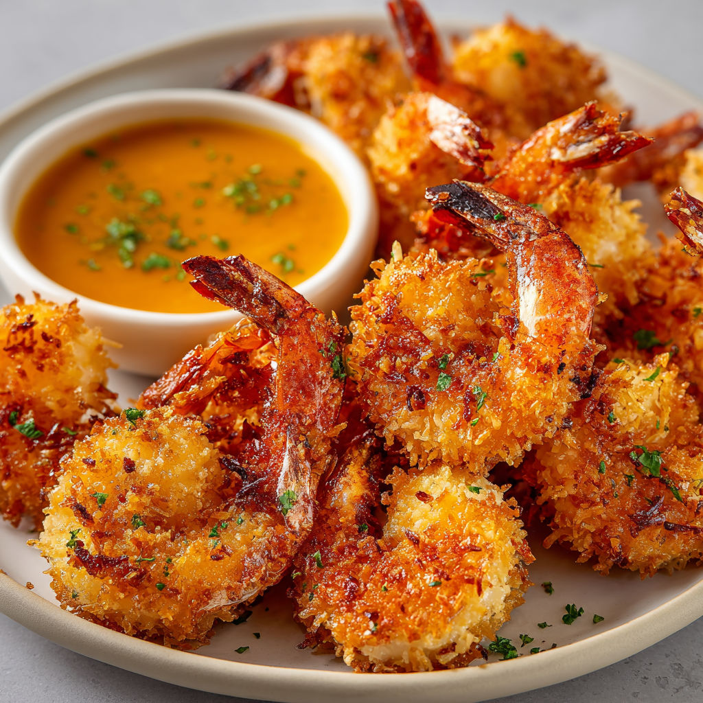 Une plaque avec des crevettes noix de coco passées à l’Airfryer prêtes à déguster.