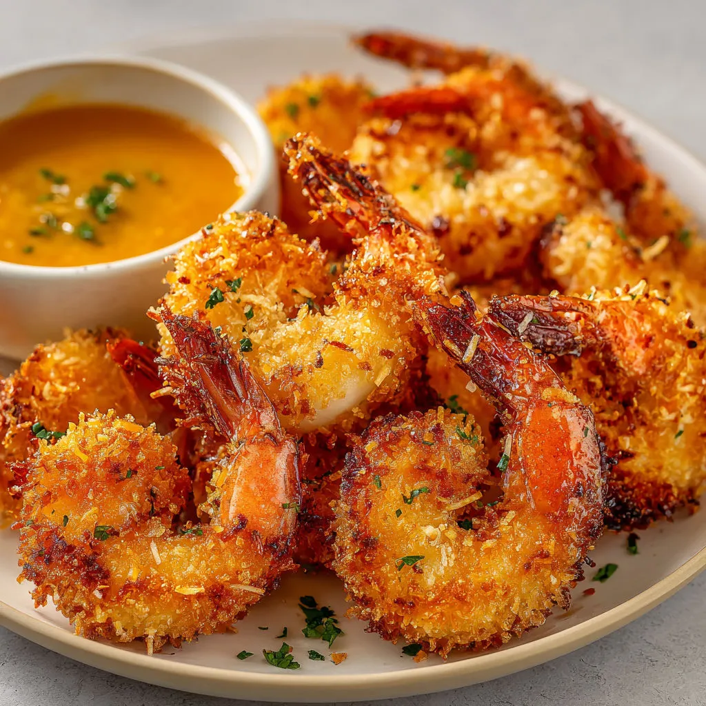 Assiette de crevettes panées noix de coco cuites à l’Airfryer prêtes à savourer.