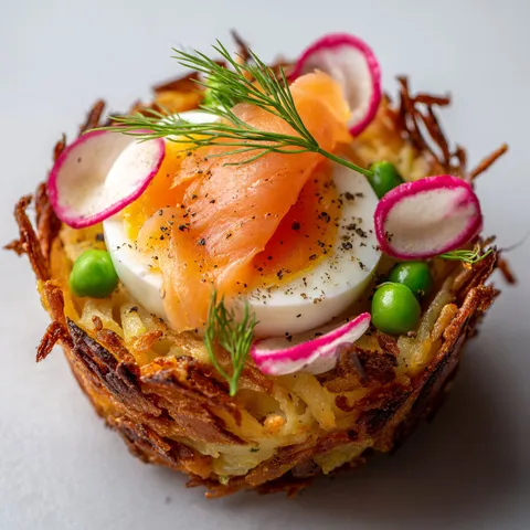 Rösti garni de truite fumée, œufs de caille et légumes frais colorés.