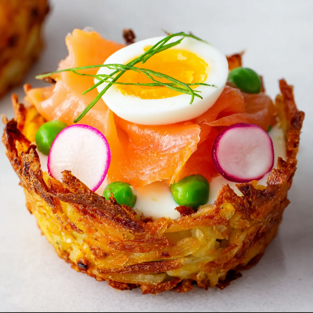 Nids de rösti dorés à la truite fumée et skyr, tout frais tout gourmand.