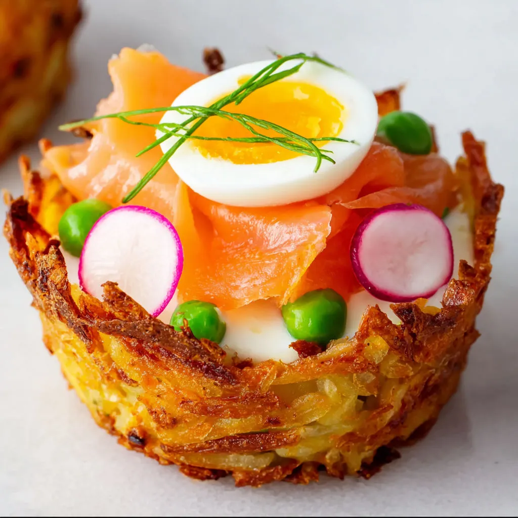 Nids de rösti dorés à la truite fumée et skyr, tout frais tout gourmand.