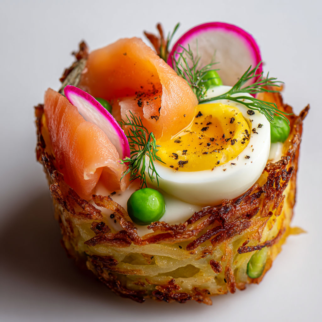 Nids en rösti garnis de truite fumée et œuf de caille, effet haut de gamme.