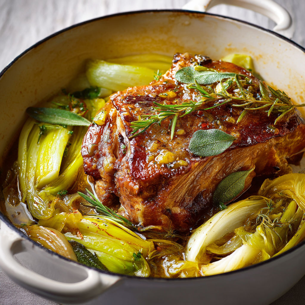 Un plat mijoté de porc accompagné de poireaux, avec une sauce onctueuse et des herbes fraîches.