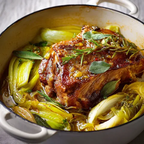 Un plat mijoté de porc accompagné de poireaux, avec une sauce onctueuse et des herbes fraîches.