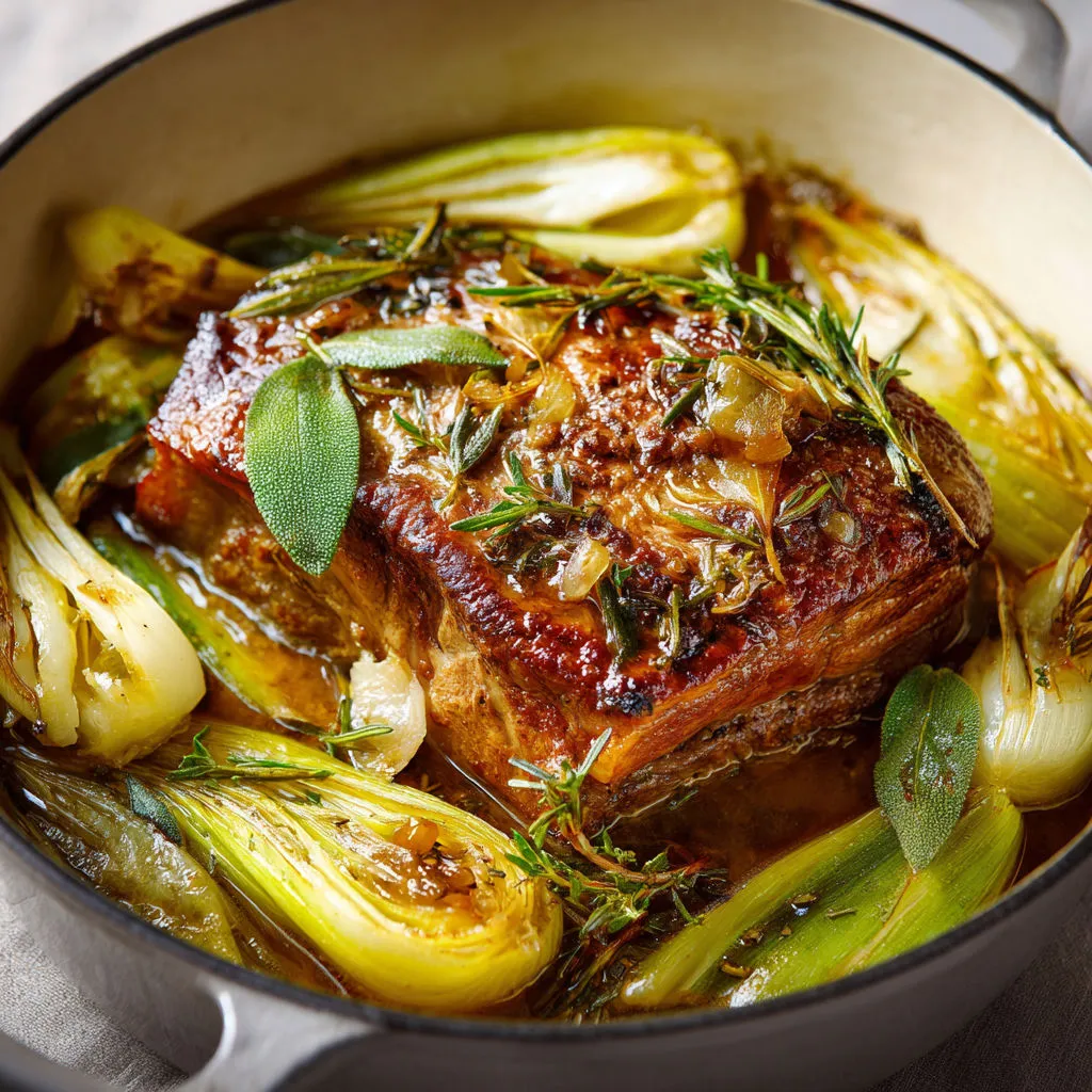 Porc mijoté au vin blanc, poireaux tendres et herbes façon classique familiale.