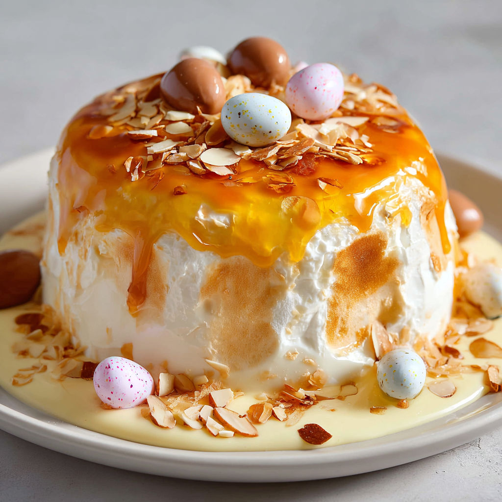 Dessert flottant au caramel et œufs chocolatés, décoré de marrons et sucre glace, sur un plateau.