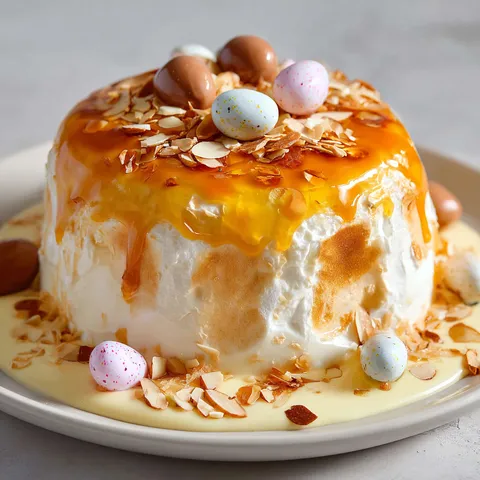 Dessert flottant au caramel et œufs chocolatés, décoré de marrons et sucre glace, sur un plateau.