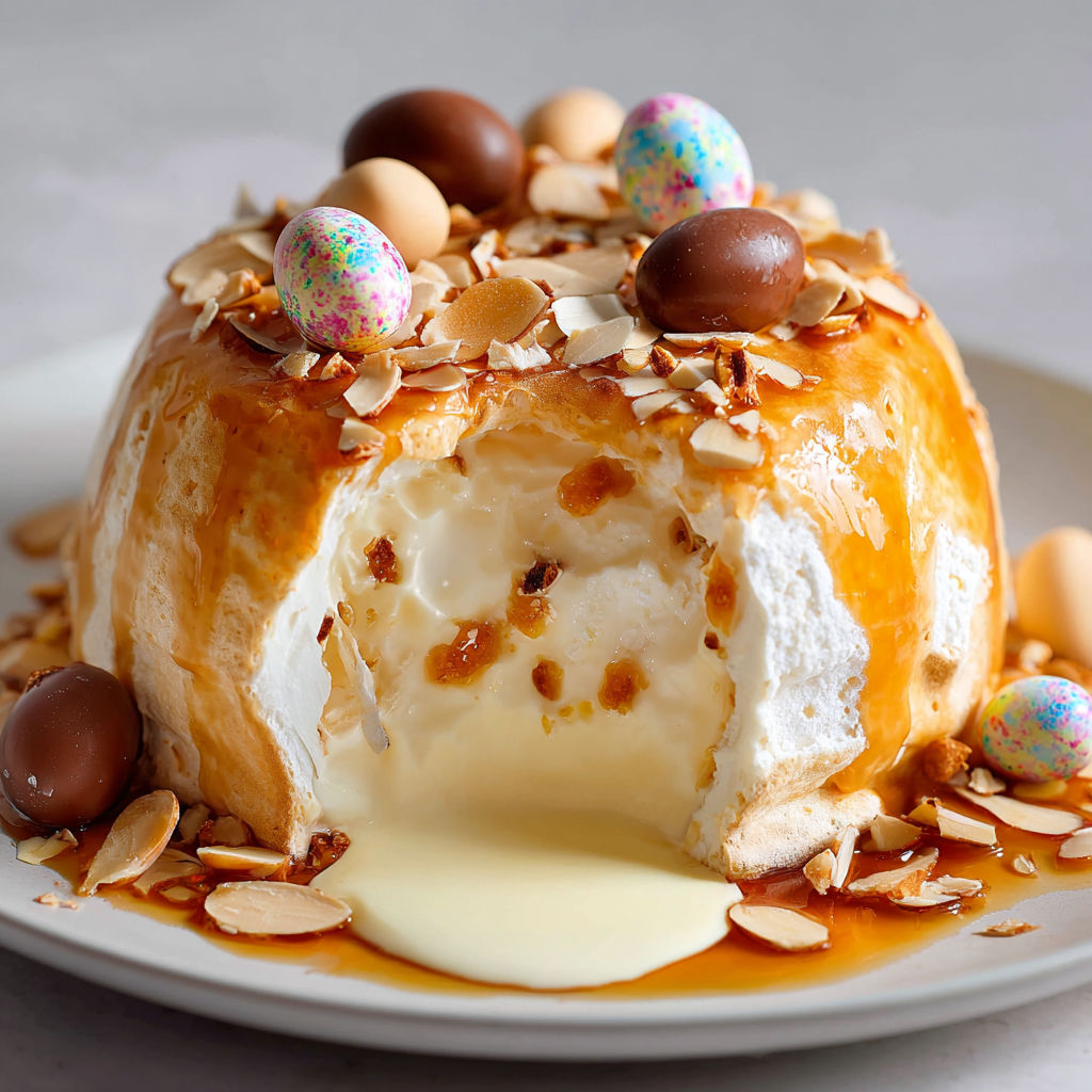 Une île flottante nappée de caramel et décorée de noix de cajou, présentée sur un joli plateau.