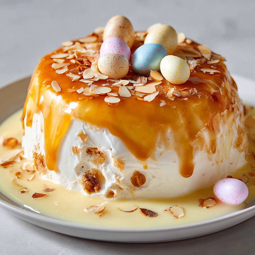 Île flottante caramélisée, œufs chocolat et crumbles dorés, sur un joli plateau de service.