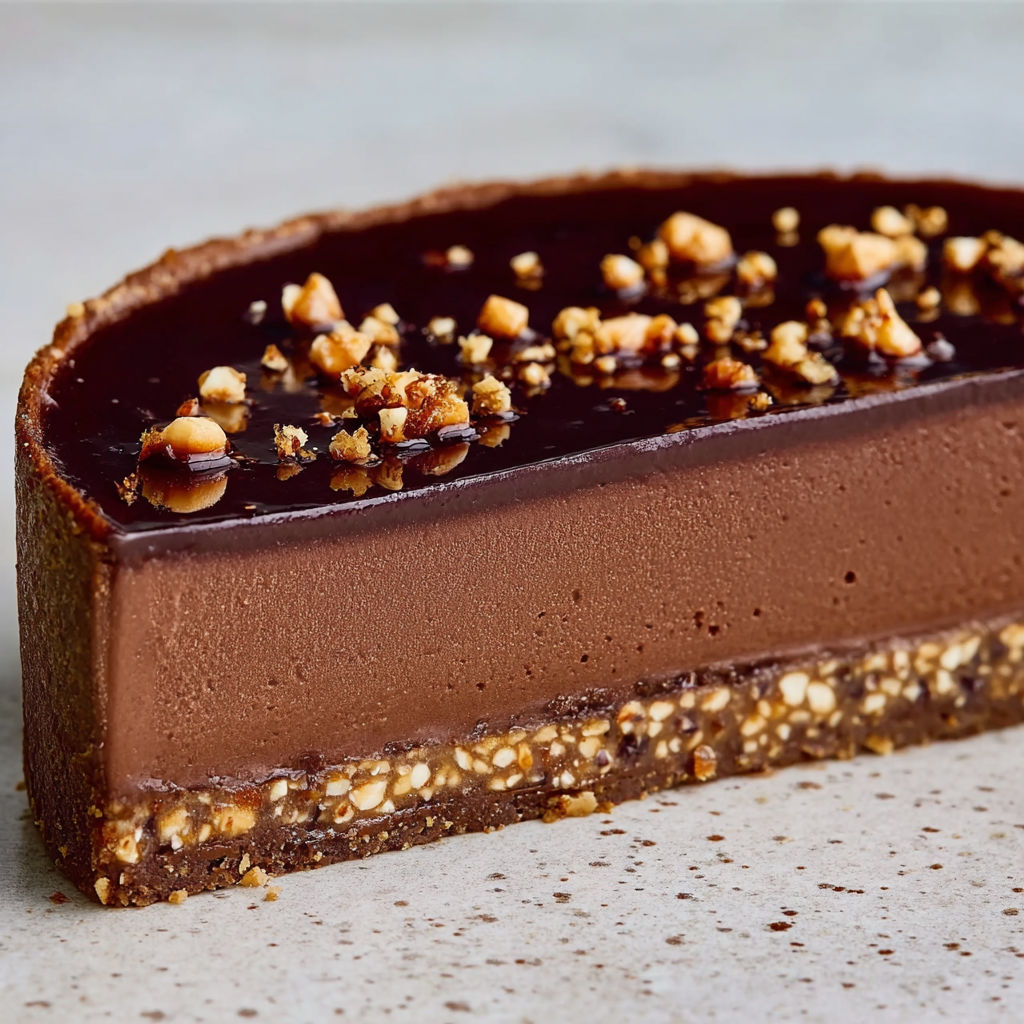 Portion de délice chocolat noir et base croustillante sarrasin praliné.