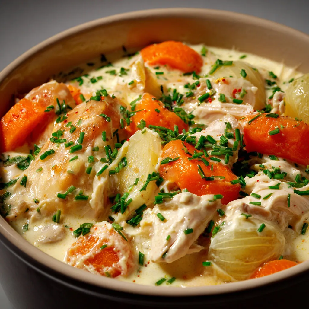 Sauté de dinde crémeux avec carottes et oignons grelots.