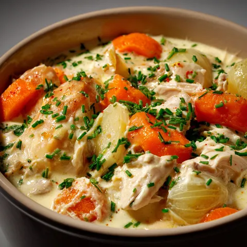 Sauté de dinde crémeux avec carottes et oignons grelots.