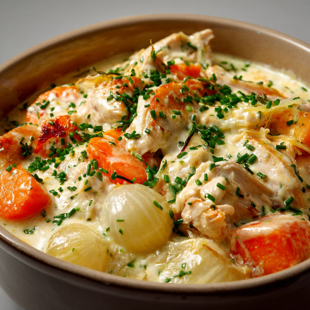 Dinde tendre aux légumes dans une sauce douce et citronnée.