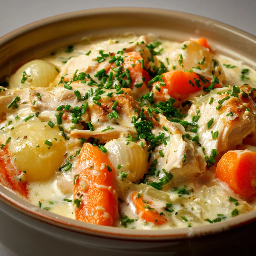 Dinde en blanquette avec carottes et oignons, un plat tendre et ultra réconfortant.