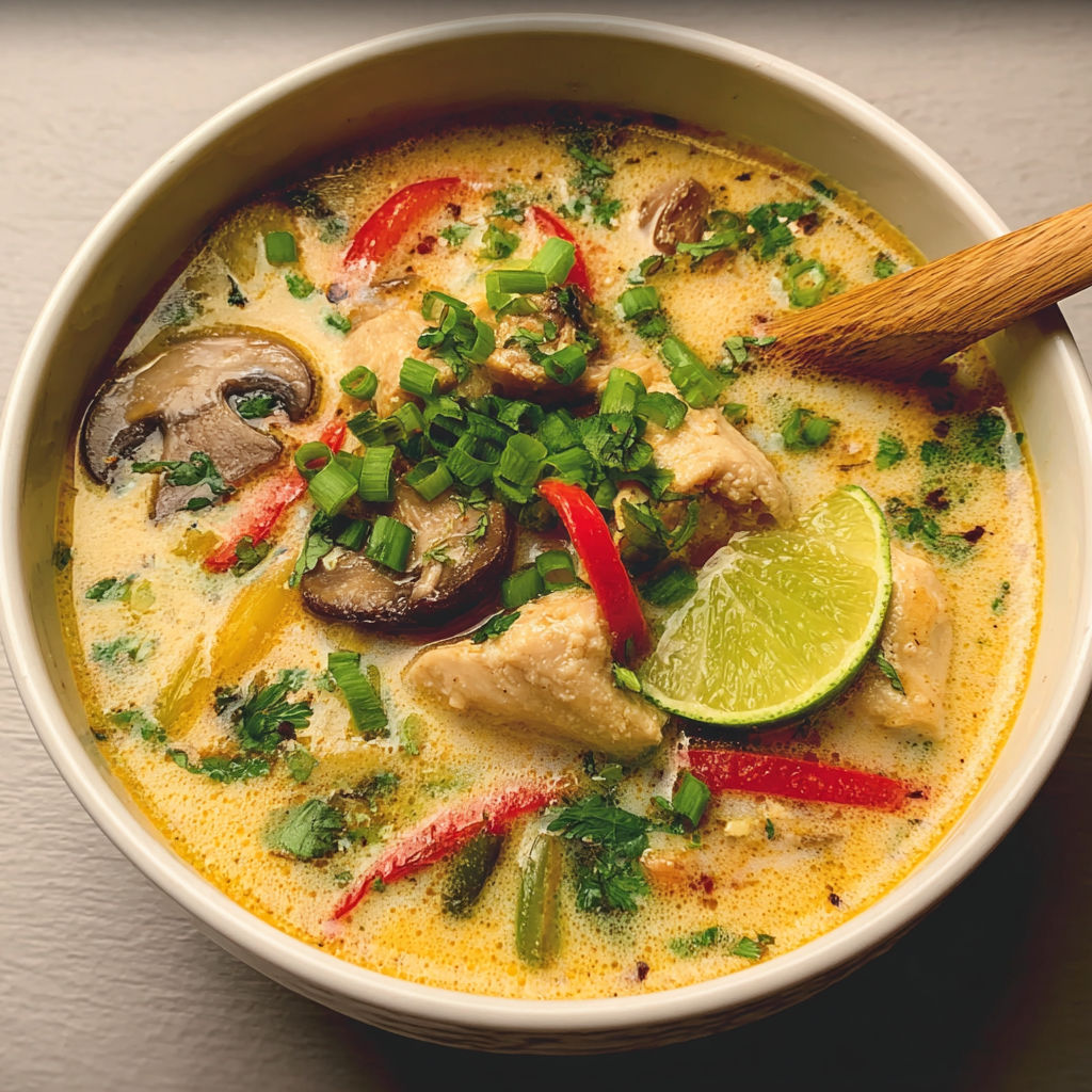 Un savoureux bol de soupe thaïe au poulet avec des herbes fraîches.