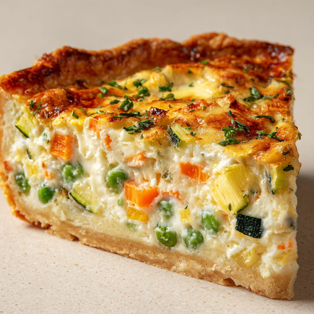 Une délicieuse tarte aux légumes frais avec ricotta sur une table.