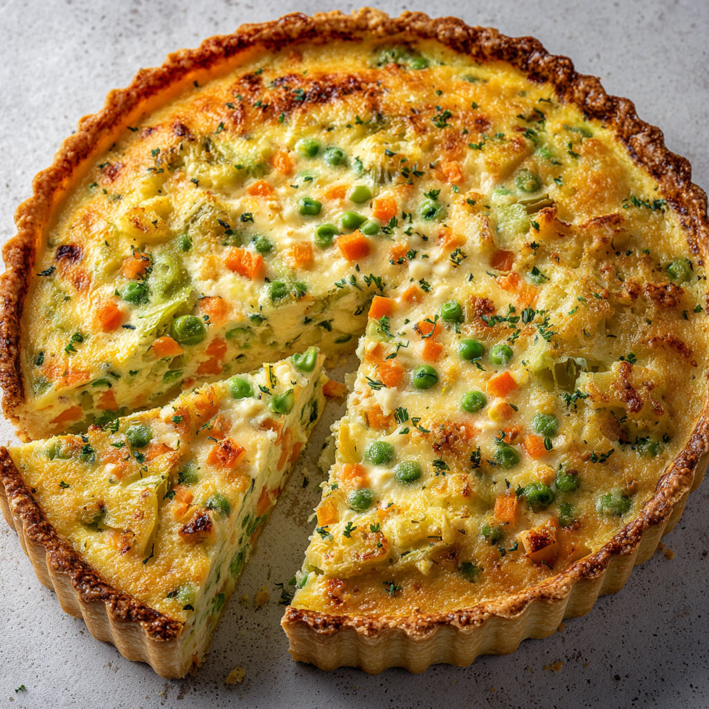Une belle part de tarte ricotta-légumes sur une table.