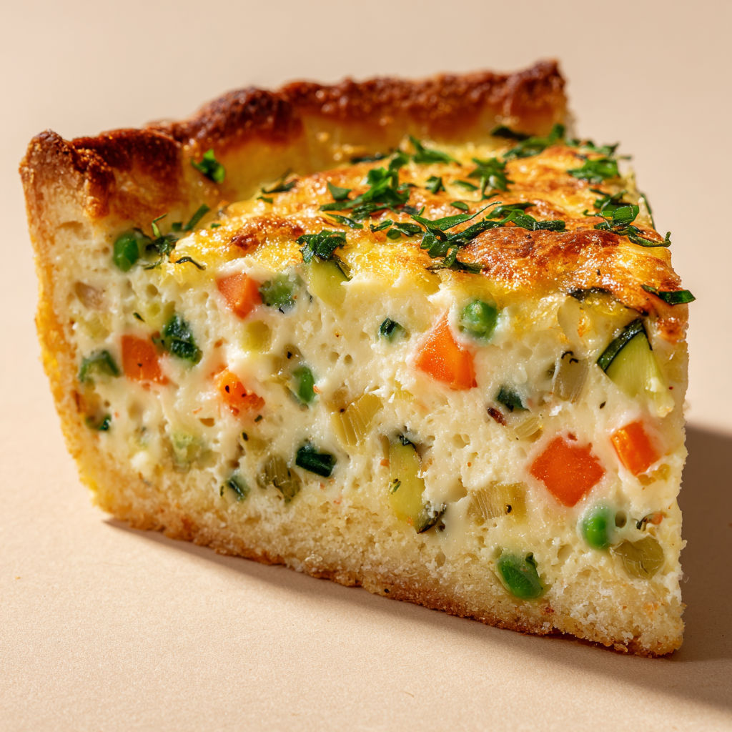 Une belle part de tarte ricotta-légumes sur une table.