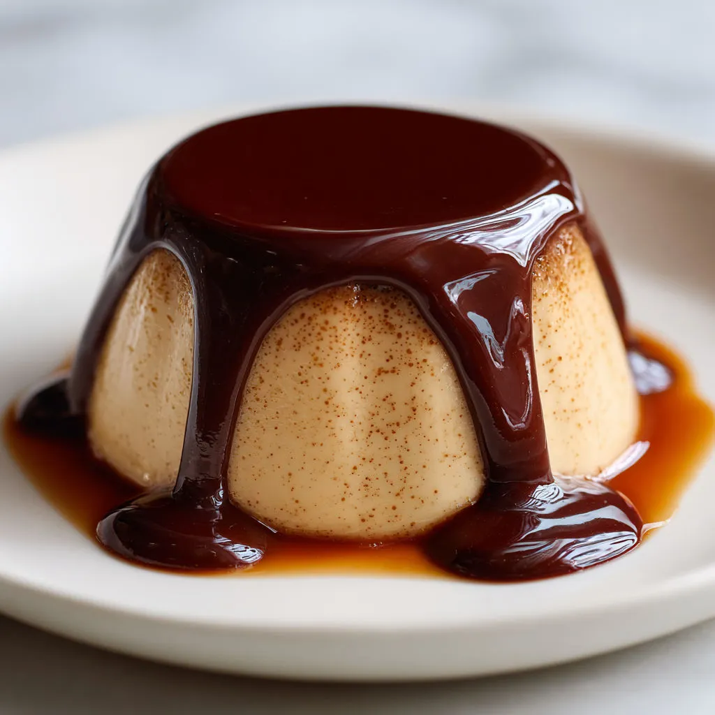 Panna cotta mousseuse au café et nappage chocolat fondant.