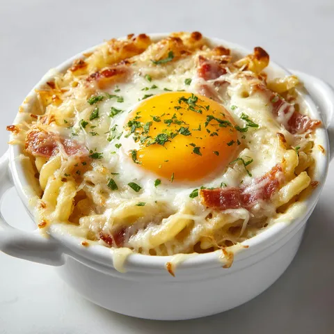 Un récipient rempli de pâtes carbonara avec oeufs et bacon.