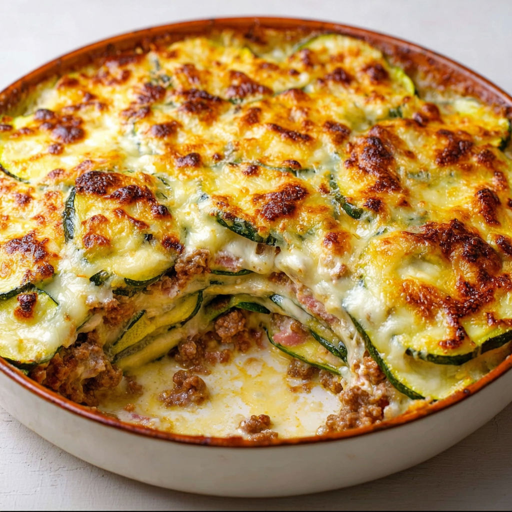 Plat de courgettes en gratin avec viande tendre et fromage doré, le tout parfaitement cuit.