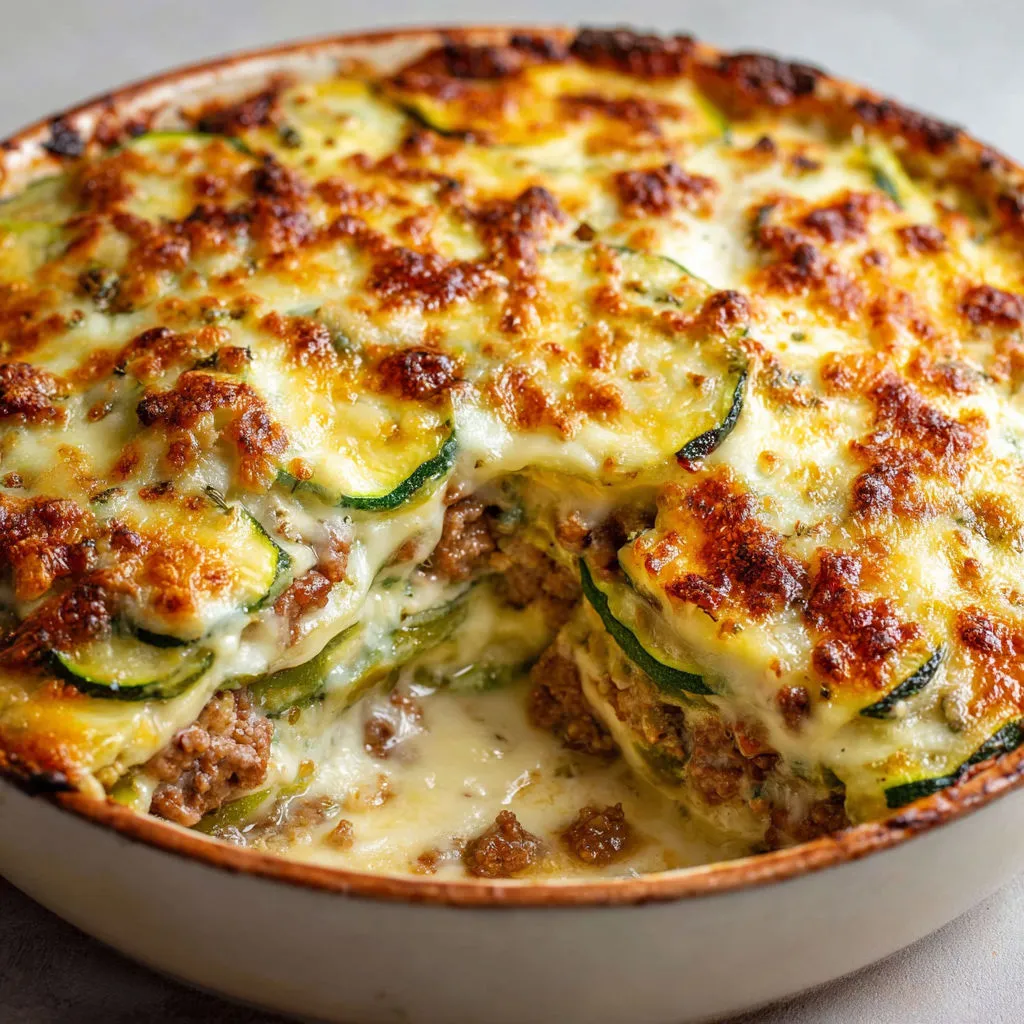 Courgettes gratinées à la viande, plat complet crémeux qui réconforte.