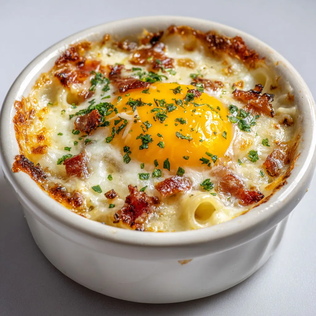 Œufs cocotte style carbonara, ultra crémeux et cœur coulant.