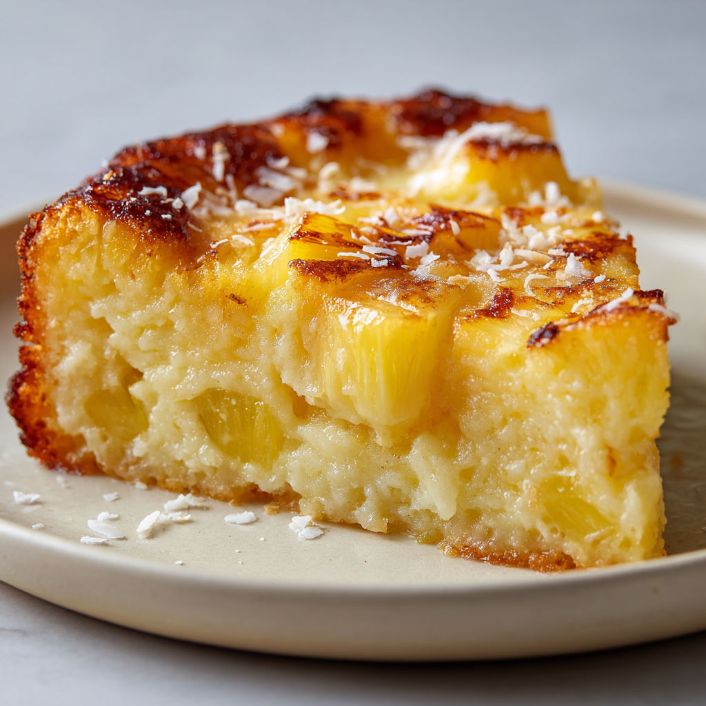 Délicieux clafoutis ananas noix de coco sur une assiette.