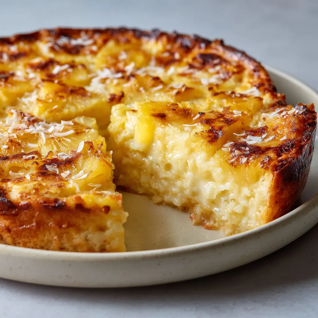 Clafoutis ultra moelleux à l'ananas et lait de coco, plein de douceur exotique tout juste sorti du four.