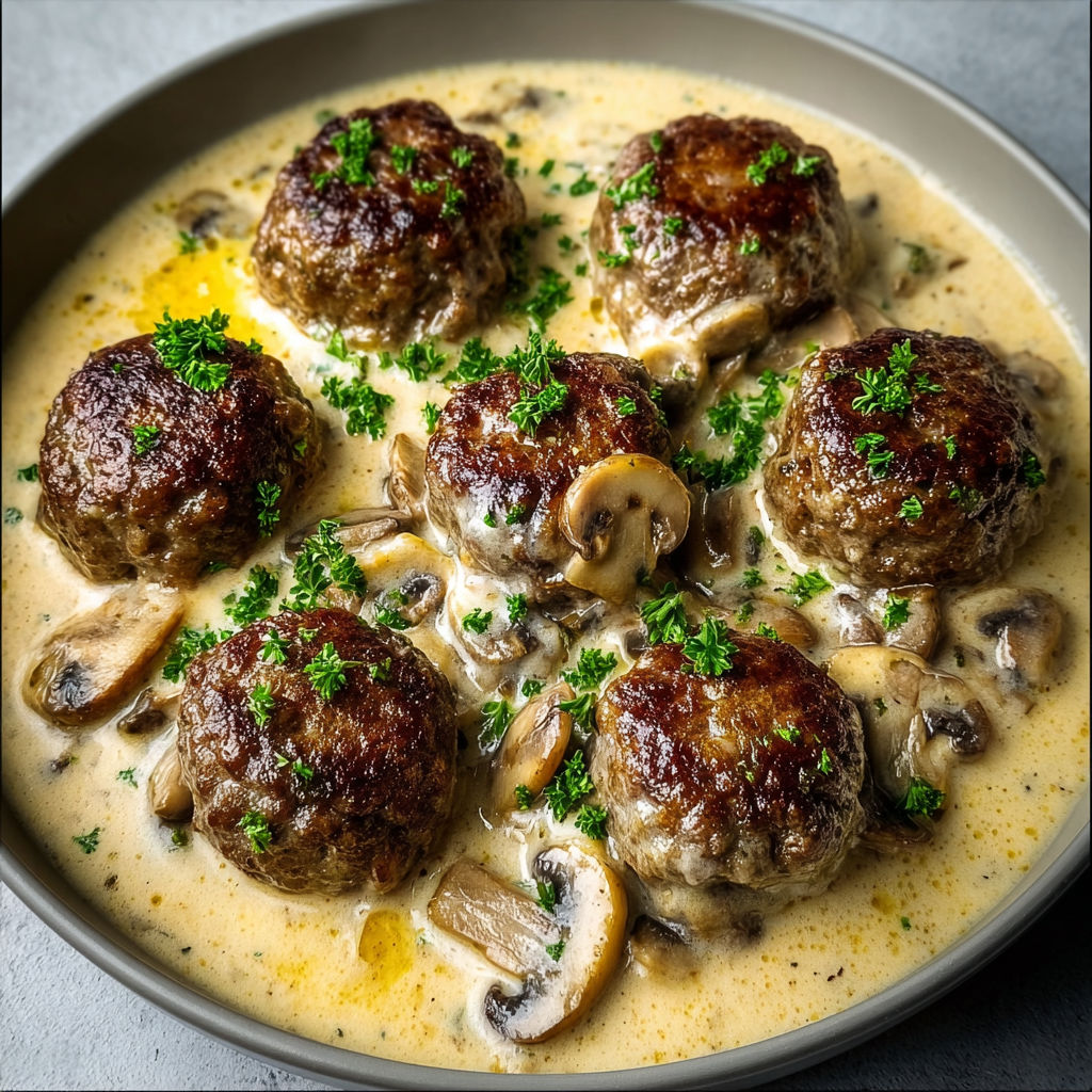 Plat gourmand avec boulettes de viande et sauce crémeuse aux champignons frais.