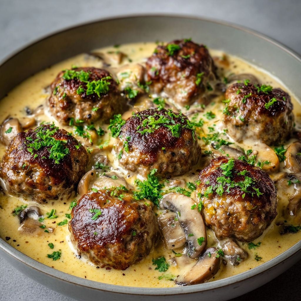 Boulettes maison dans une sauce onctueuse aux champignons de Paris super réconfortantes.