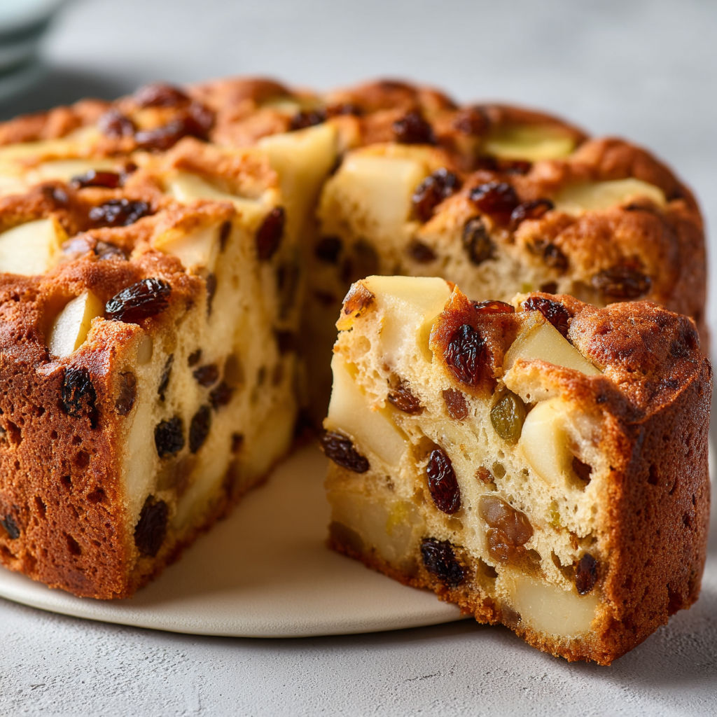 Gâteau fondant aux pommes, poires et raisins, savoureux et tout doux, parfait en automne.