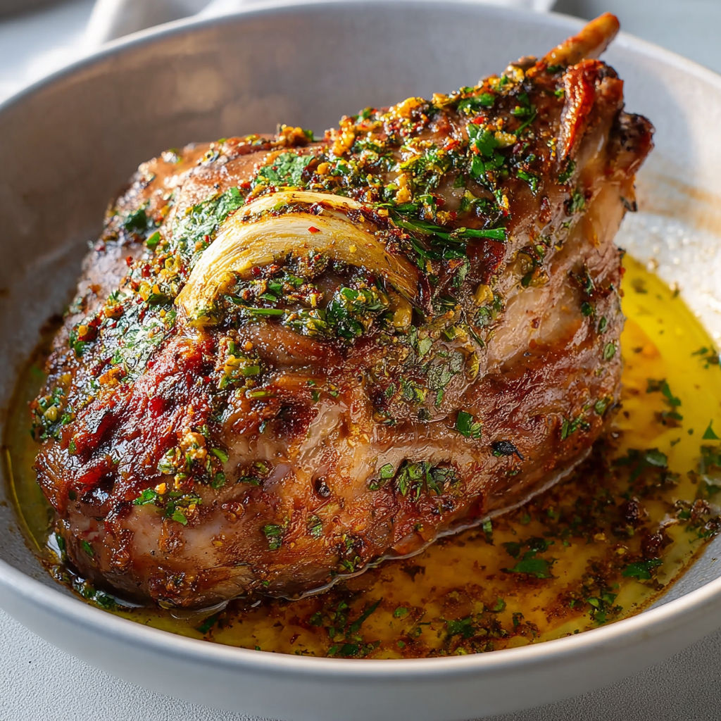 Épaule d’agneau super fondante au citron avec du persil, cuite longtemps au four.