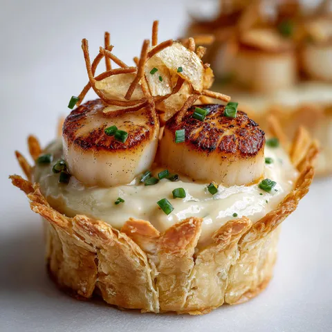 Vol-au-vent garni de Saint-Jacques, topinambour et chips croquantes de salsifis.
