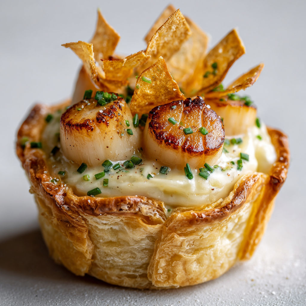 Vol-au-vent sophistiqué Saint-Jacques, purée de topinambours et chips salsifis maison super croustillantes.
