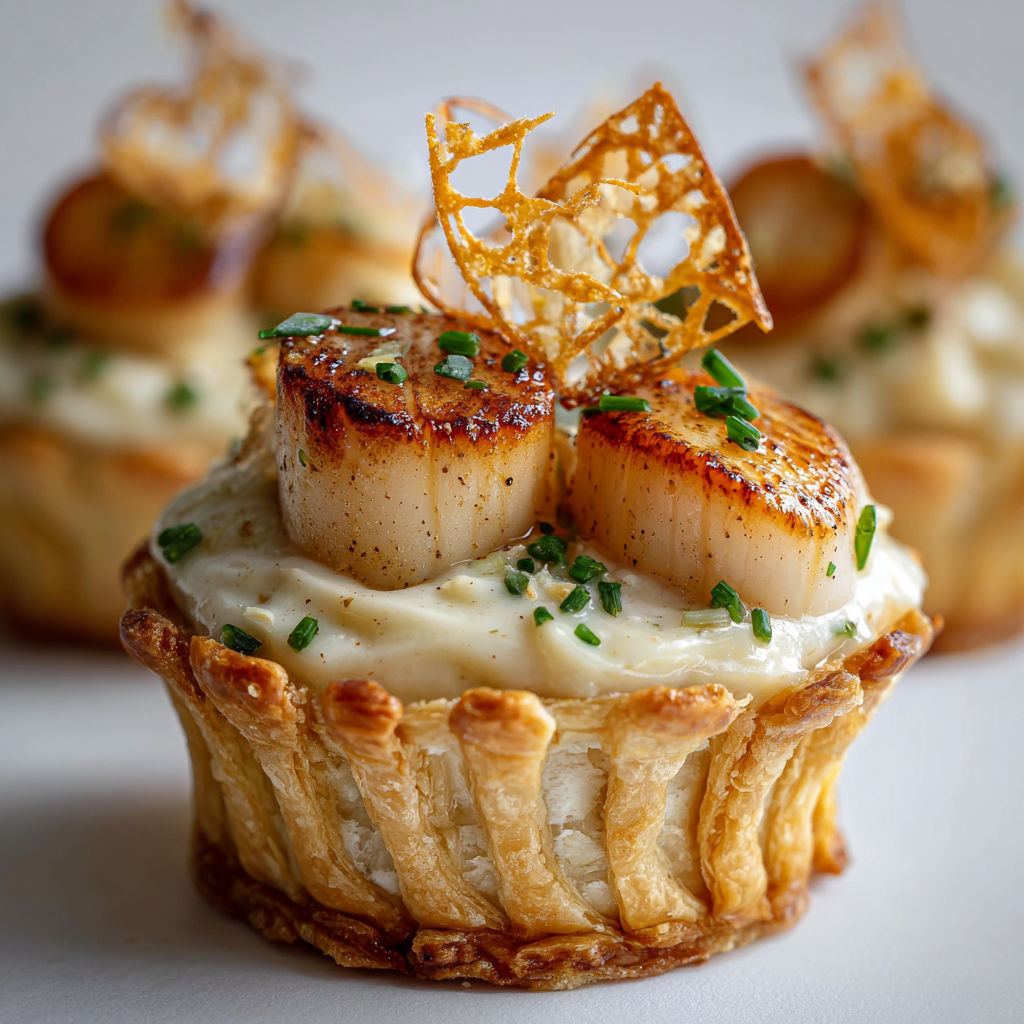 Feuilleté chic Saint-Jacques et topinambour, touche raffinée avec chips maison de salsifis.