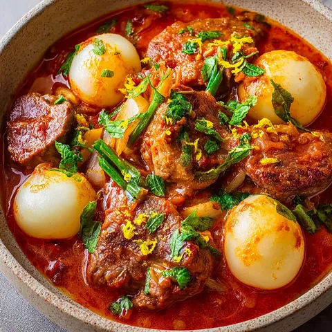 Bol garni d'un sauté d'agneau aux navets et zestes d'agrumes.
