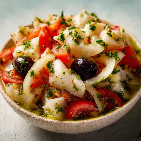 Une assiette de salade catalane colorée avec tomates, olives et persil mise en avant.