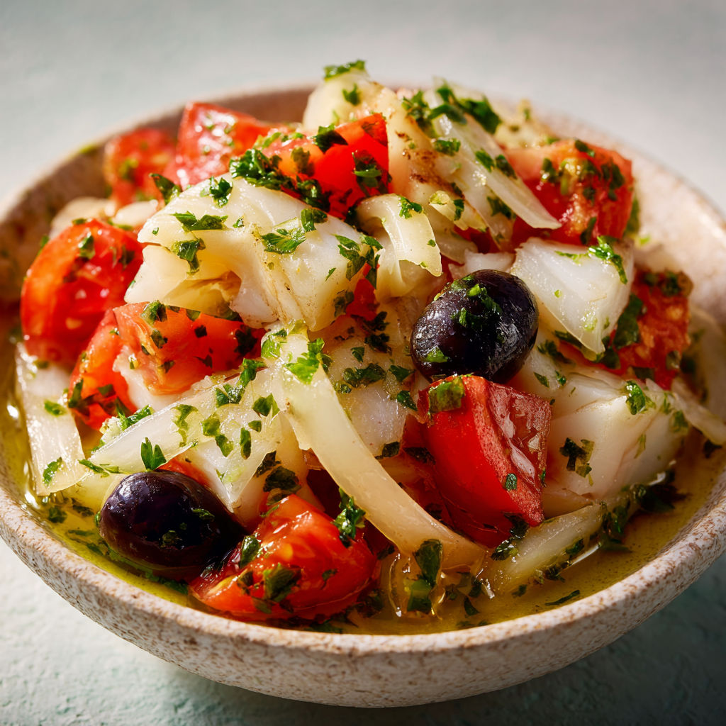 Assiette catalane de morue, relevée de sa sauce persil pleine de caractère et d’arômes.