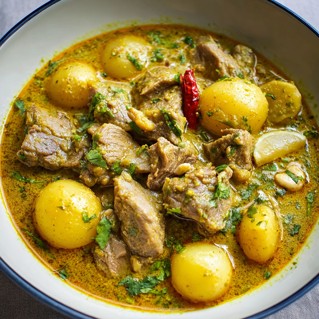 Un bol de curry d'agneau revisité à la thaïlandaise avec une sauce onctueuse, des épices et des herbes fraîches.