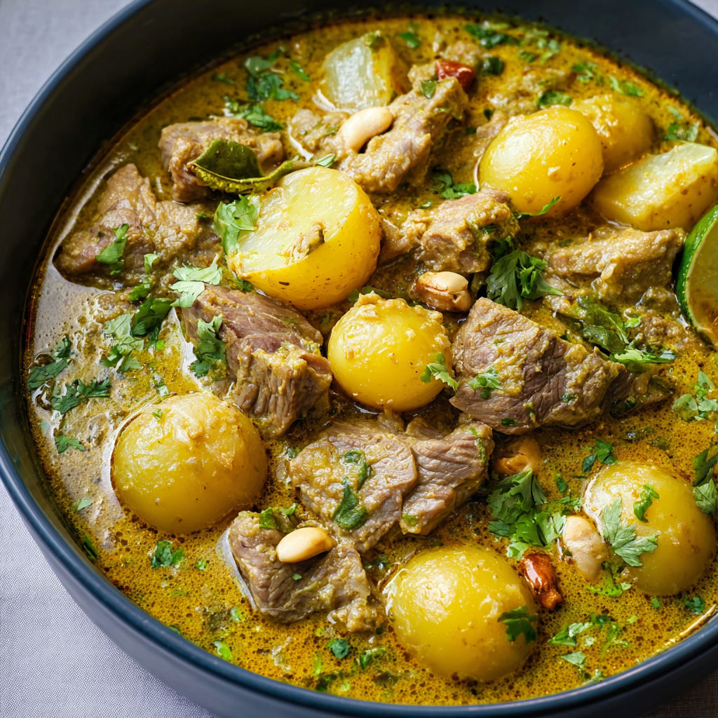 Agneau mijoté à la thaï, curry onctueux avec du gingembre et du citron vert.