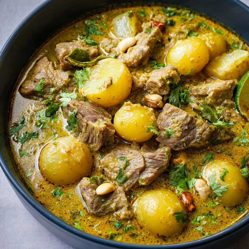 Agneau mijoté à la thaï, curry onctueux avec du gingembre et du citron vert.