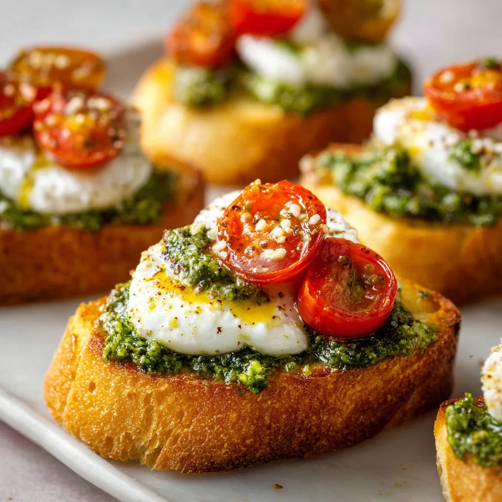 Pain garni de burrata et pesto en 10 minutes.