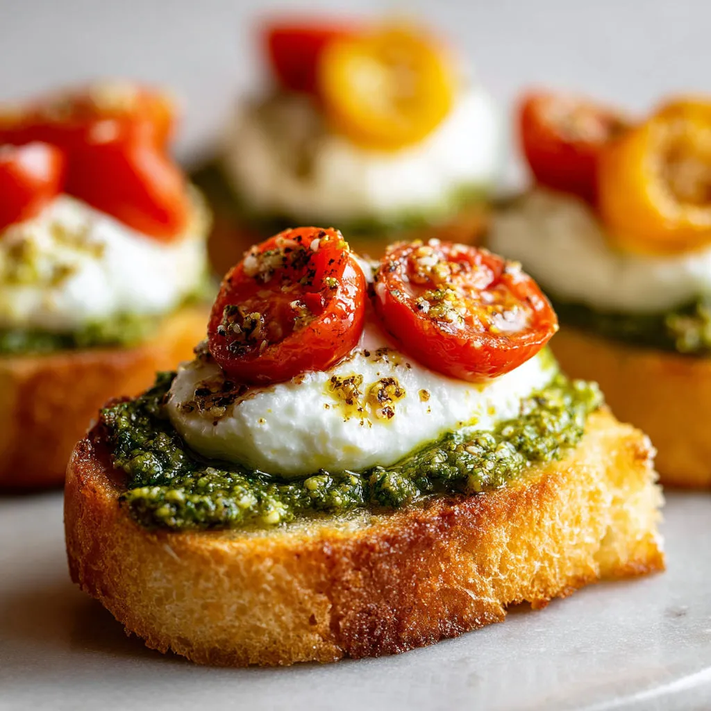Crostini minute à la burrata bien crémeuse, tomates fraîches et pesto au basilic hyper parfumé.