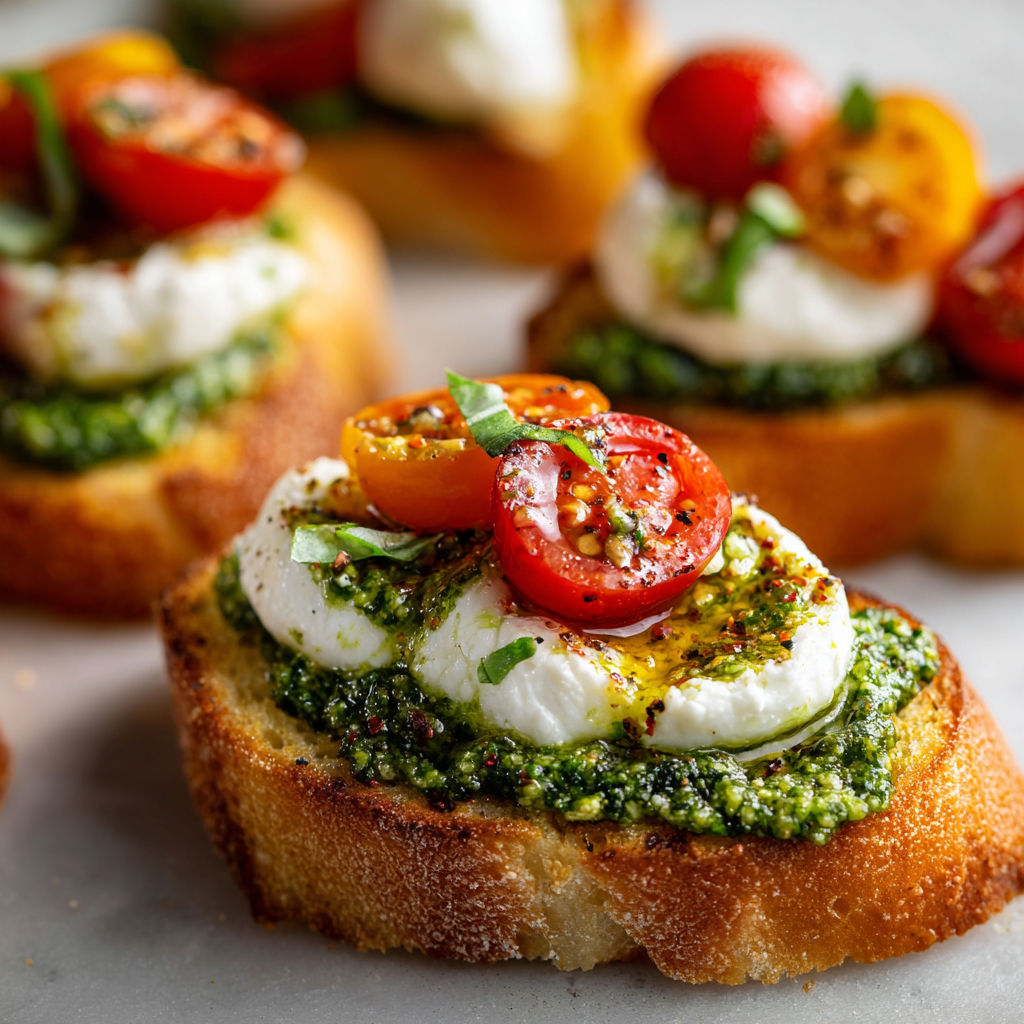 Crostini burrata pesto super gourmands, prêts en un rien de temps et ultra croustillants.