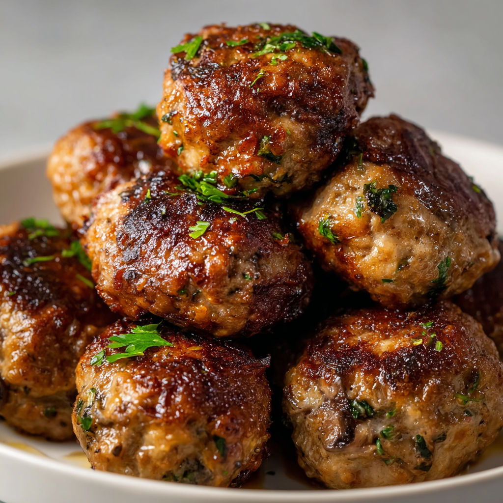 Petites boulettes brunes et vertes avec des champignons et des herbes, joliment présentées.
